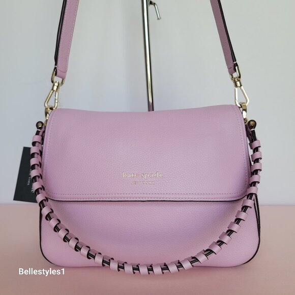 KATE SPADE Hudson Pebbled Leather Medium Flap Convertible Shoulder Bag-Lav Fst ⭐ - Picture 2 of 16